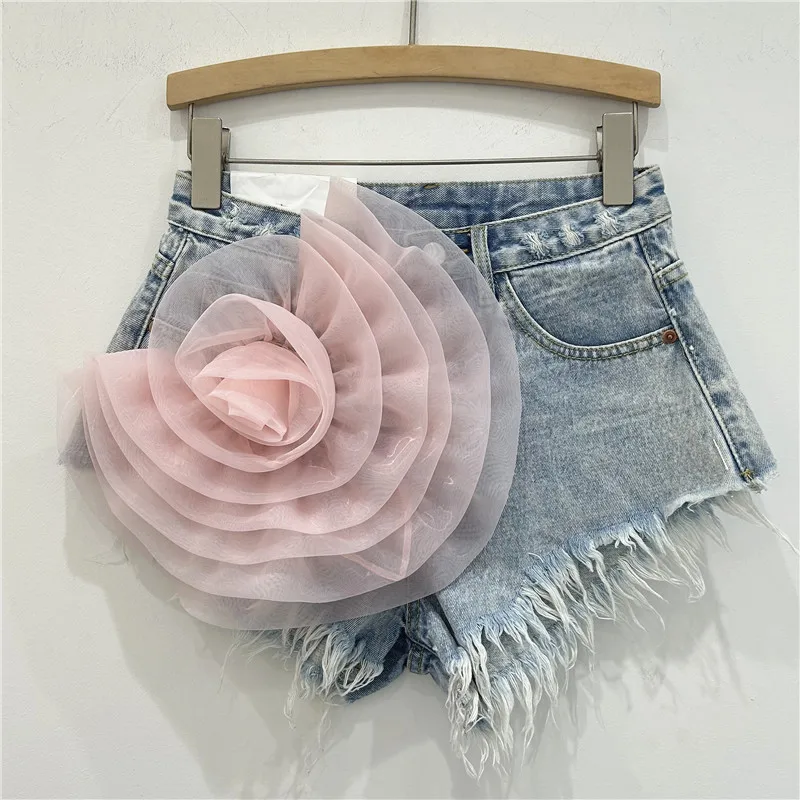 Personalized Tassel Denim Shorts Heavy Industry Three-Dimensional Flower Ins Slimming High Waist Wide Leg Y2k Short Pants Female