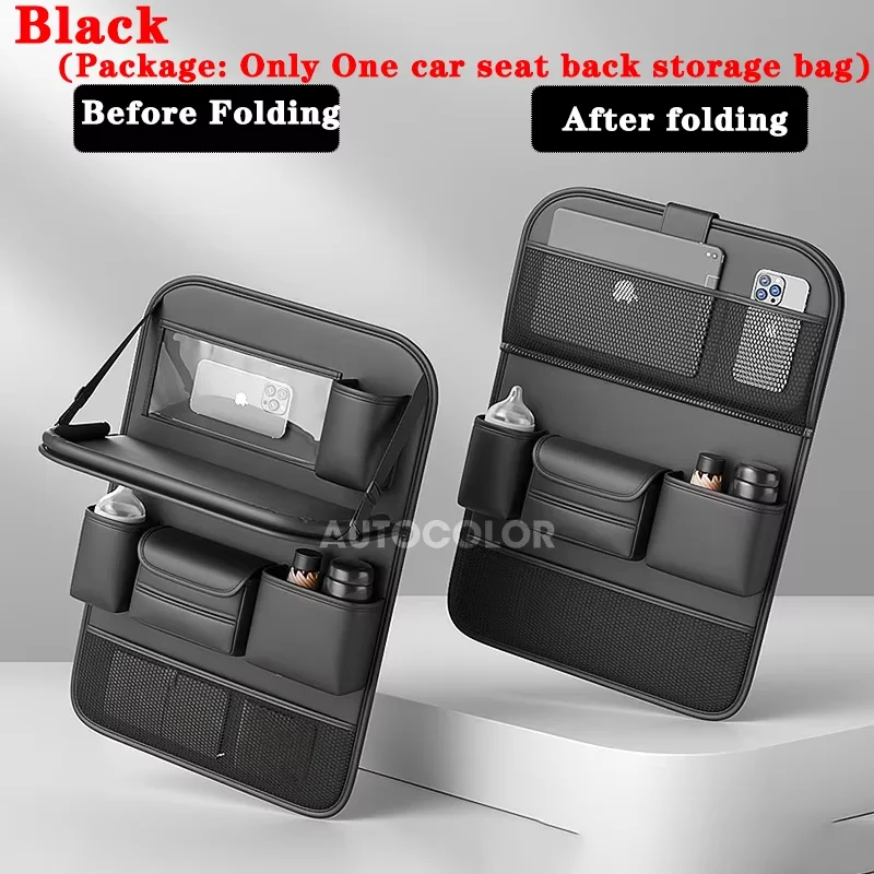 

Leather Car Seat Back Organizer Bag Auto Back Seat Storage Bag Foldable Table Tray Tablet Holder Tissue Pockets Car Storage Box