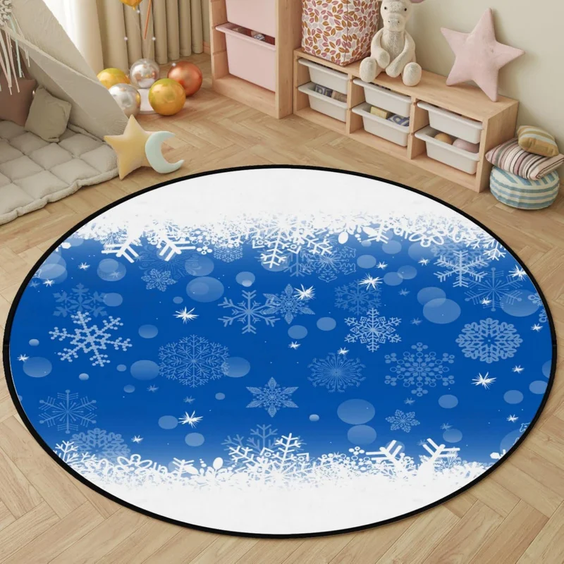 

2025 New Year Christmas Light Blue Snowflake Round Carpet Living Room Children's Room Indoor and Outdoor Mat 60X60cm