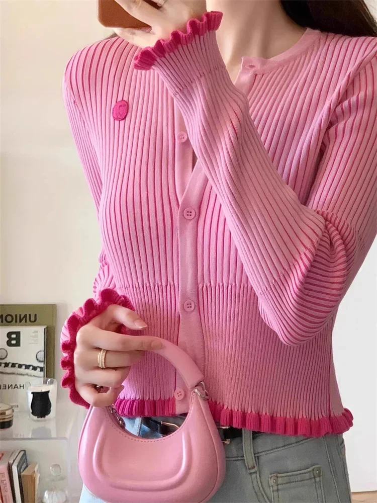 Luxury Celebrity Short Cardigan 2024 New Fall Women Fashion Round Neck Pink Sweater Retro Sweet Slim Rib Knitted Coat Tops