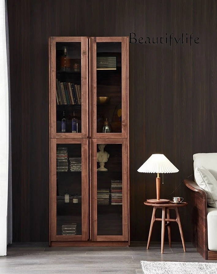 North America Black Walnut Glass Door Bookcase Modern Minimalist Floor Storage Cabinet Retro Style Display Cabinet