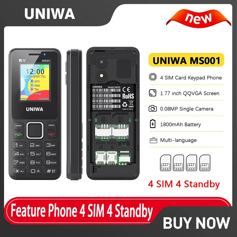 UNIWA MS001 2G Feature Phone 4 SIM 4 Standby GSM Signal Booster Keypad Phone 1800mAh Wireless radio Torch Senior Elder Cellphone
