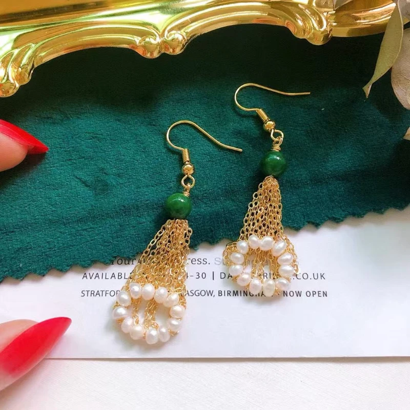 

Chinese Style Long Tassel Jade Pulp Copper Gold-plated Classical Women's Earrings Retro Accessories