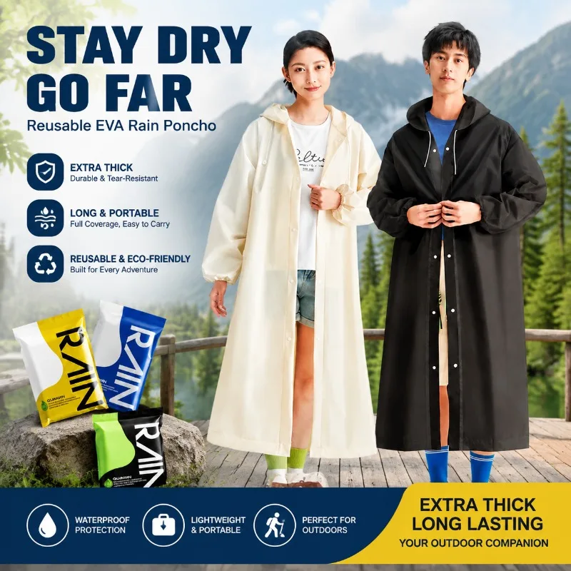 Reusable EVA Adult Rain‑garment, Reinforced Elongated One‑piece  Rain‑suit, Compact  Stowable  Weather‑shield  Outfit