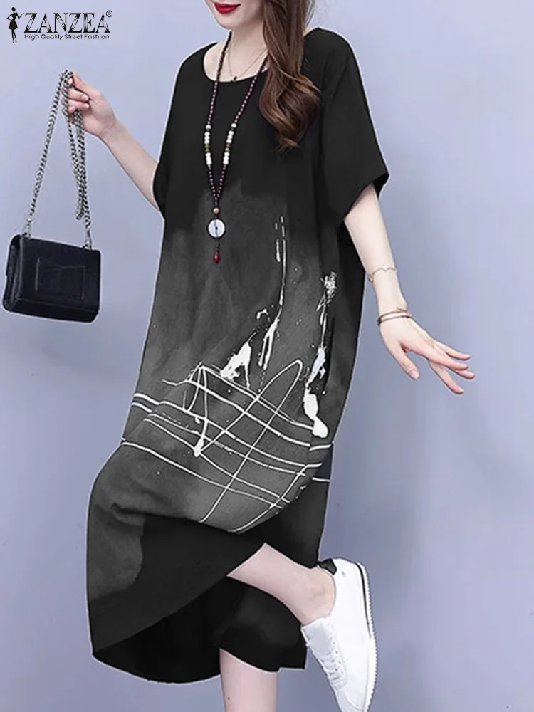 ZANZEA Vintage Ink Wash Print donna t-shirt abiti larghi Casual Daily O Neck a-line Vestidos 2024 Summer Holiday Midi Robes