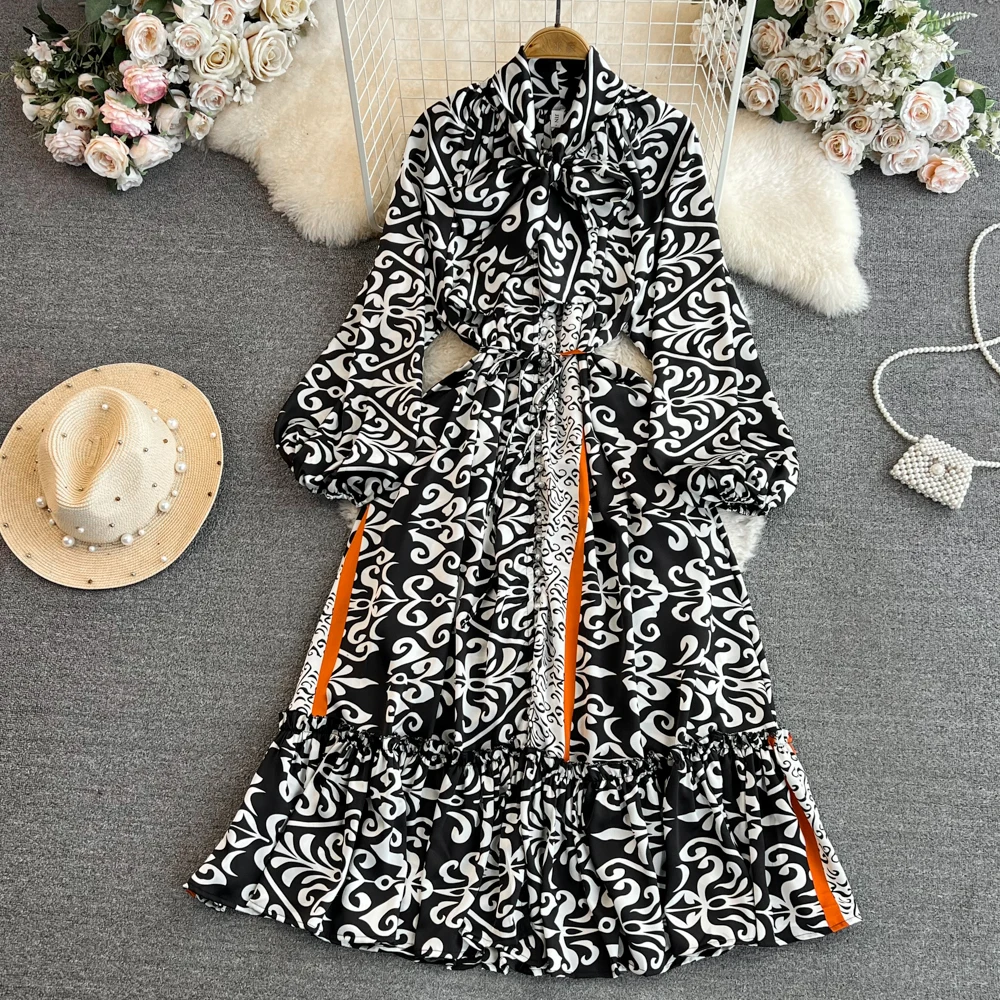 Elegant Chic Puff Long Sleeve Tie Dye Vintage Bow Collar Print A-line Dress Vintage Casual Loose For Women Autumn Maxi Dress