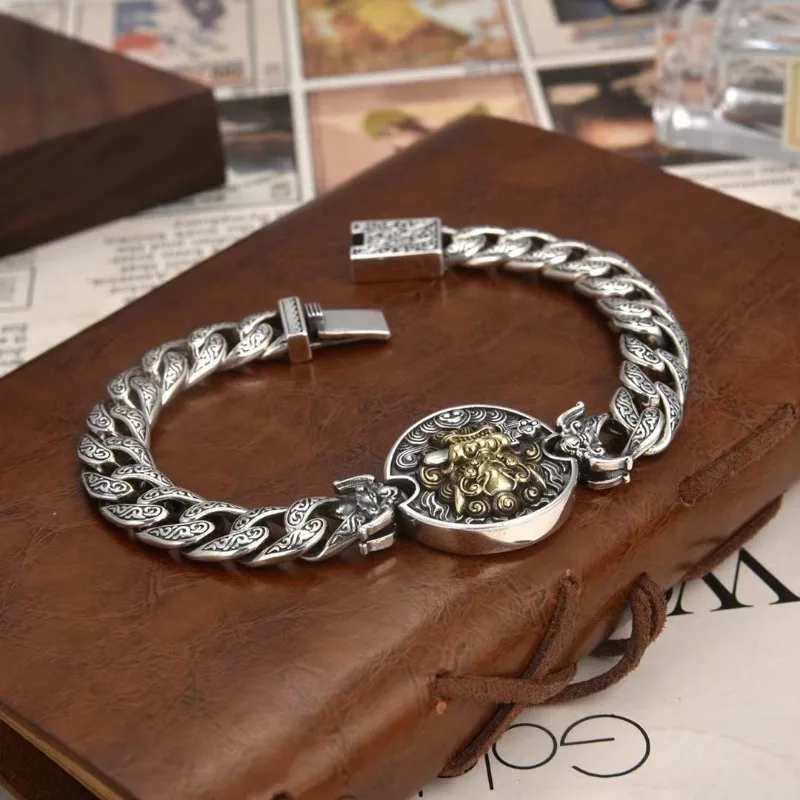 Retro Lion Bites Sword Men Bracelet, 10mm Wide Copper Plated Chain About 51g Stylish Statement Wrist Jewelry