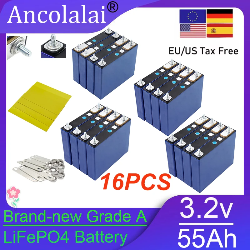

16PCS 3.2V 55Ah LiFePO4 battery 55000mAh large capacity 12V 24V suitable for electric vehicle golf cart solar inverter