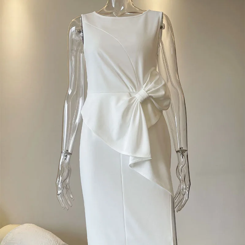 Sukienki Sexy Damskie Bez Rękawów z Wycięciami Letnia Elegancka Sukienka z Dekoltem O, Kokardą, Dopasowana Sukienka na Imprezę, Codzienna Sukienka Mini w Jednolitym Kolorze