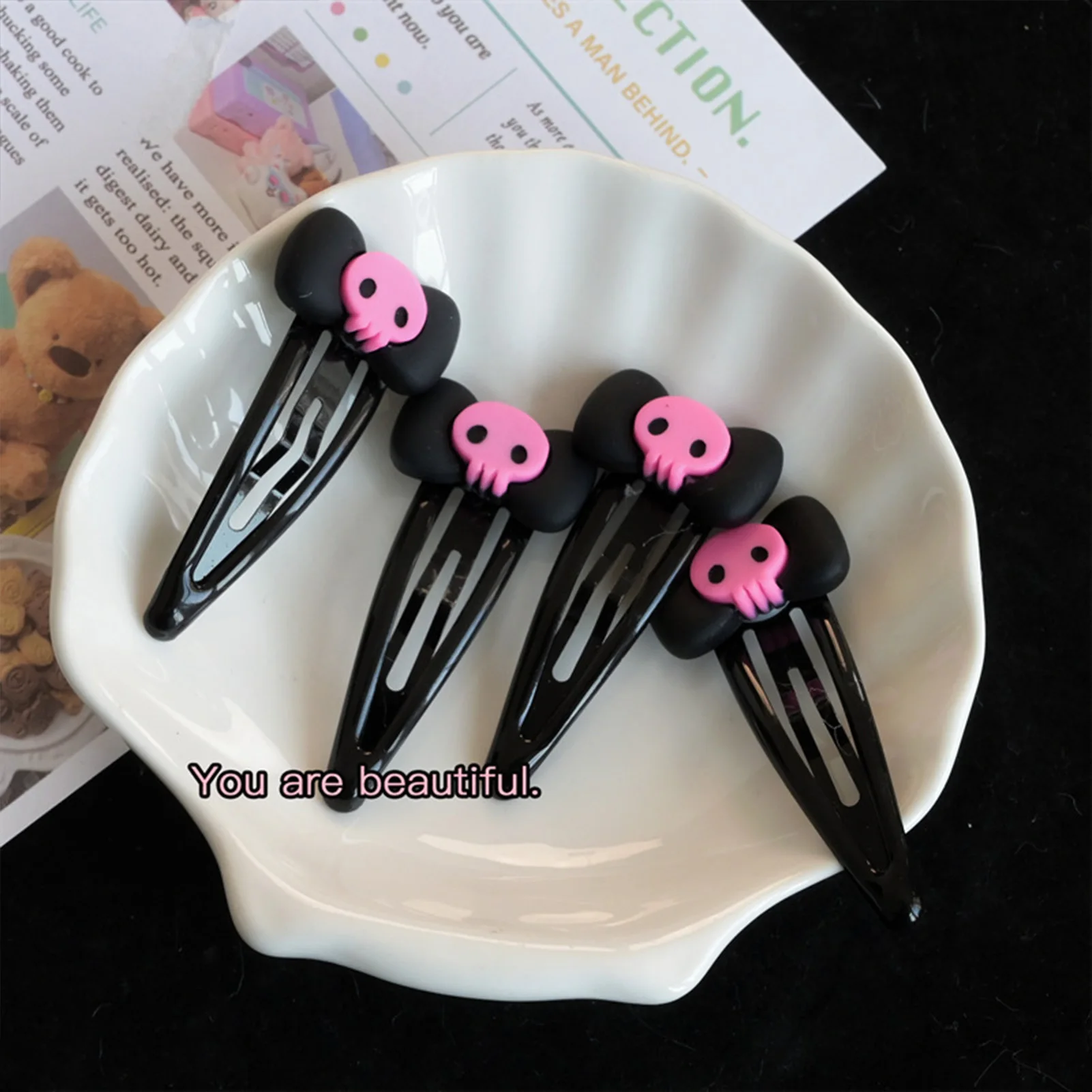 1/2/5/10Pcs Gothic Pink Skull Hair Clip - Black Bowknot BB Clip, Punk Hair Accessories for Women Girls Happy Halloween Party view 2