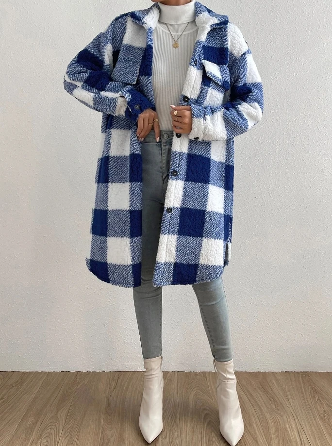 Cardigan 2023 Autumn Long Sleeved Open Buckle Collar Plush Plaid Coat Loose Temperament Commuter Longline Jacket Women Outerwear