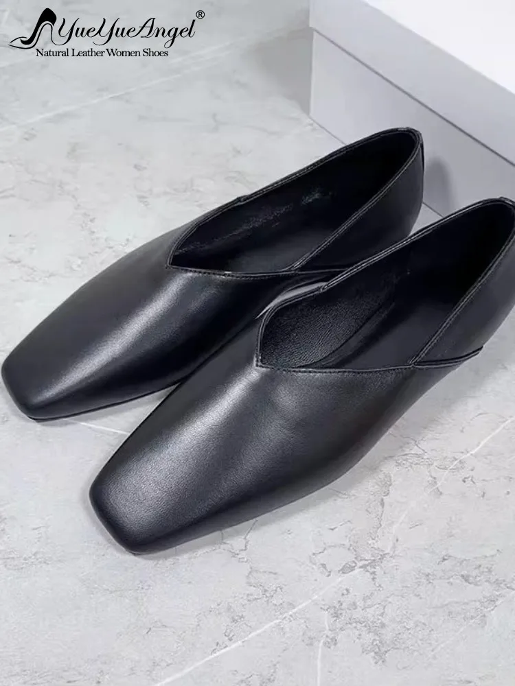 Womens Genuine Leather Square Toe Shallow Internal Height Increasing Shoes Comfortable Versatile Slip On Office Fashion Flats