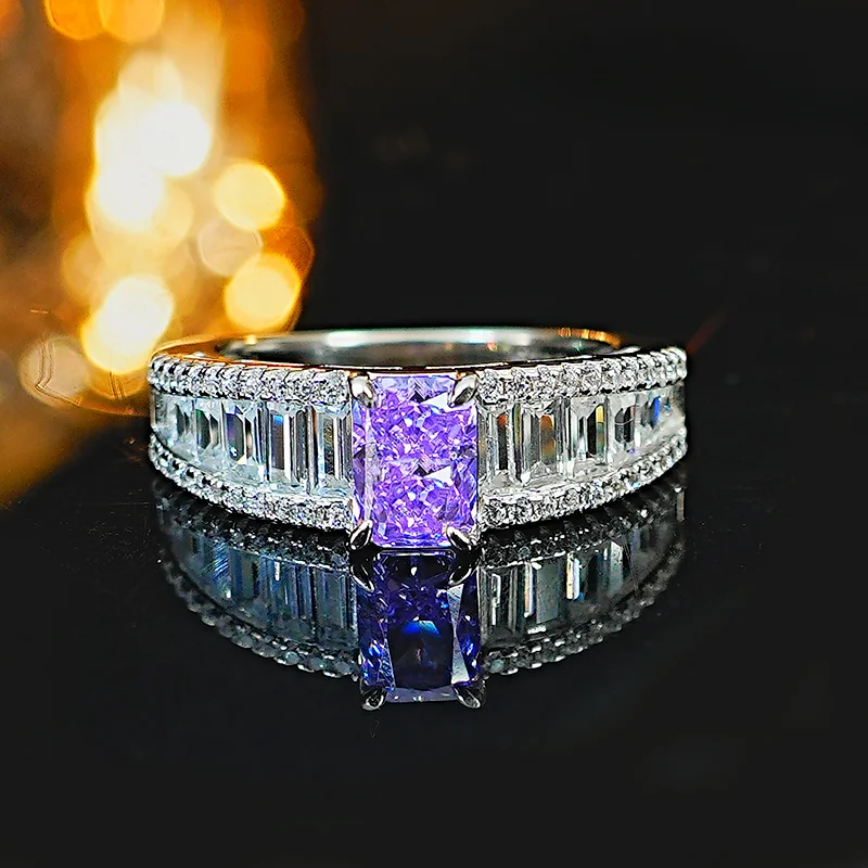 

Light luxury niche violet ice cut 925 silver ring inlaid with high carbon diamond rectangular simple daily versatile fashion