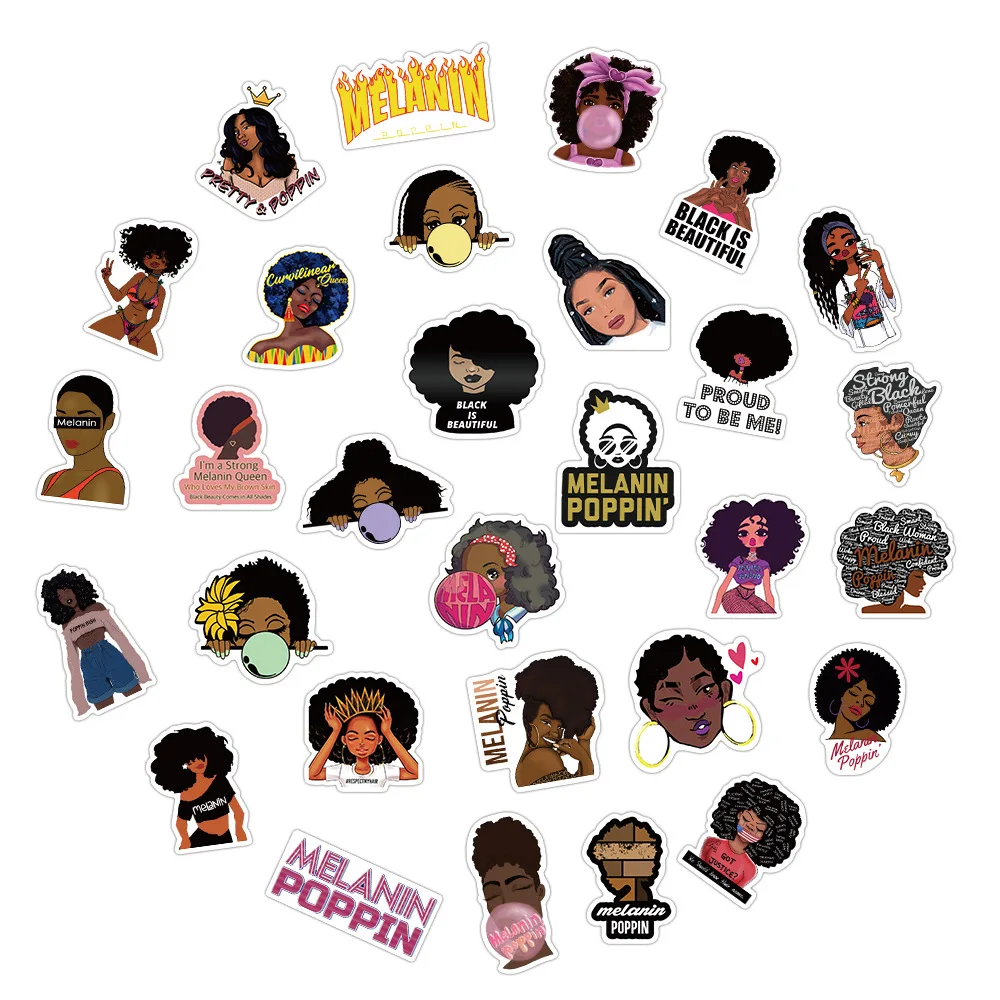 10/30/50PCS Pop Black Skin Girl Melanin Stickers DIY Phone Laptop Luggage Skateboard Waterproof Graffiti Decals Fun for Kid Toys