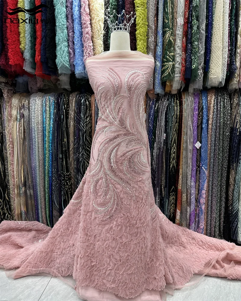

Madison Latest French Beaded 3D Tulle Lace Fabric High Quality Nigerian African Lace Fabrics With Sequins For Evening Dress