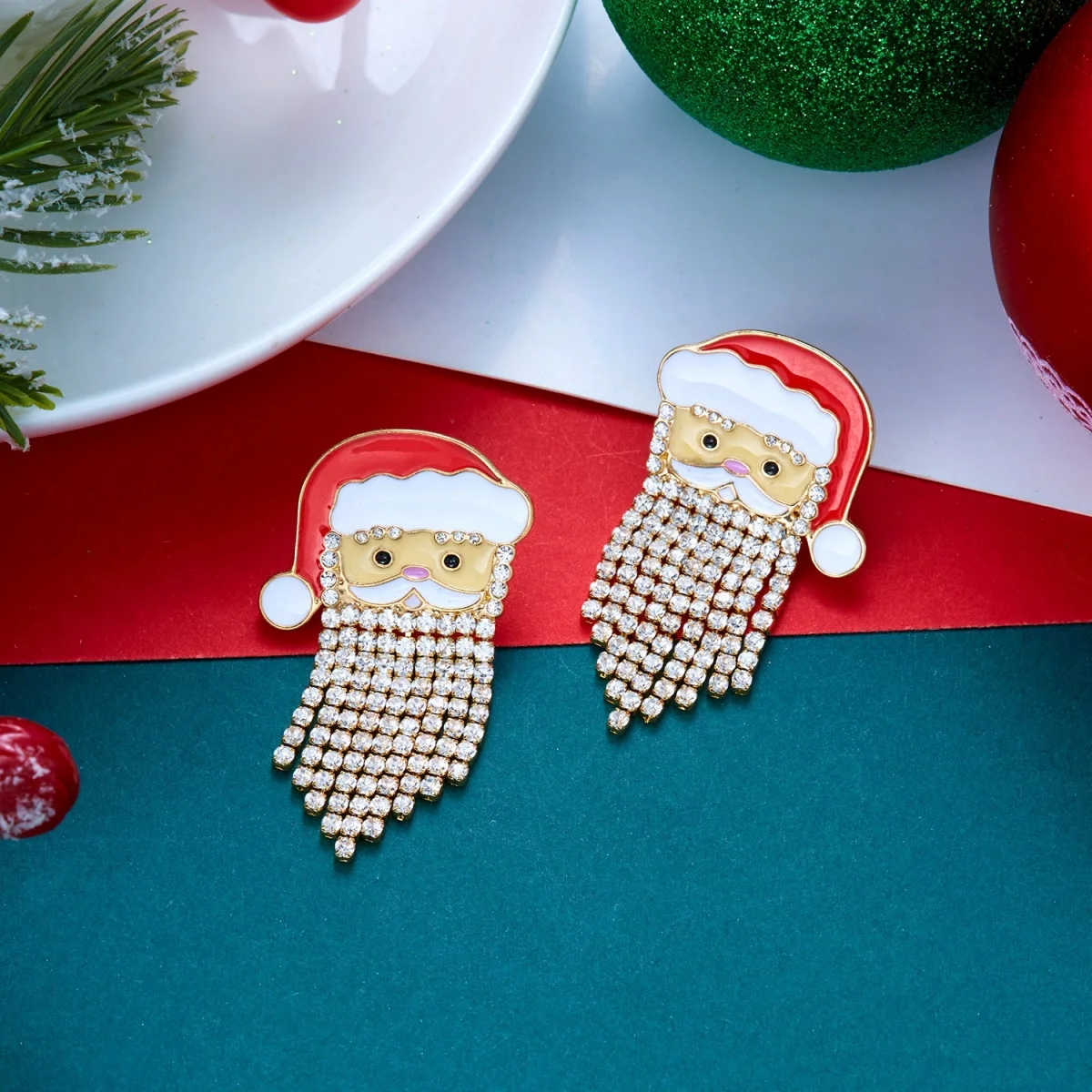 Kreative, niedliche Weihnachtsmann-Ohrstecker mit simuliertem Perlenquastenbart für Frauen, Strass-Weihnachtsmann-Ohrringe, Weihnachtsparty-Schmuck – Detail 30