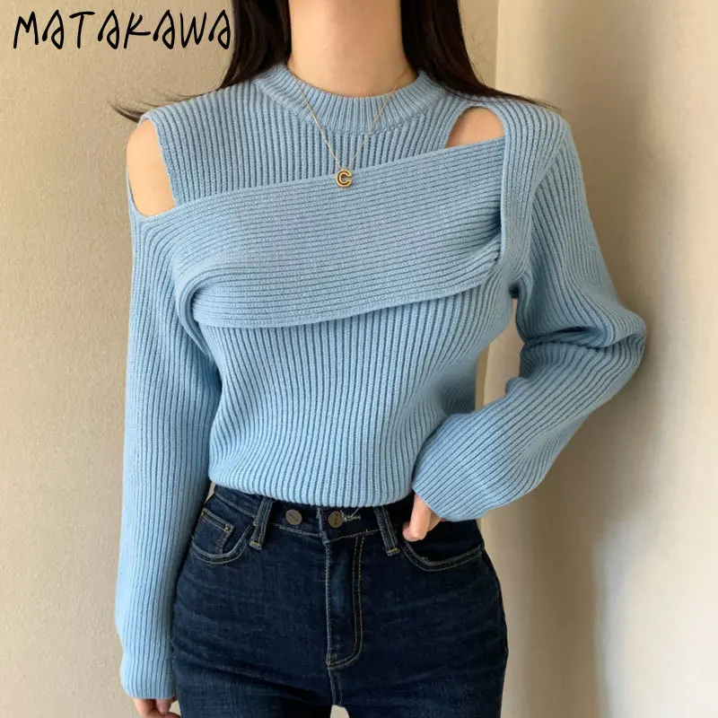 Matakawa Irregular Women Sweaters Hollow Out Solid Korean Chic Autumn Winter Pull Femme Vintage Elegant Pullovers Fashion