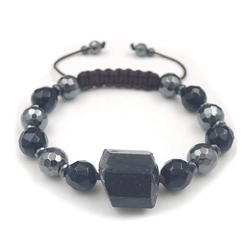 Black Tourmaline Point Hematite&Agate Faceted Round Beads Bracelet Hand-knitted Approx 6-8 Inches