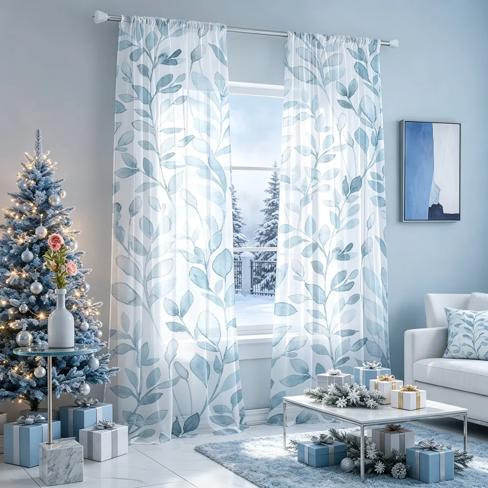 2PCS Sheer Curtains, Light Blue Watercolor Branches Print, Bedroom Living Room Window Drapes, Rod Pocket Polyester, Home Decor