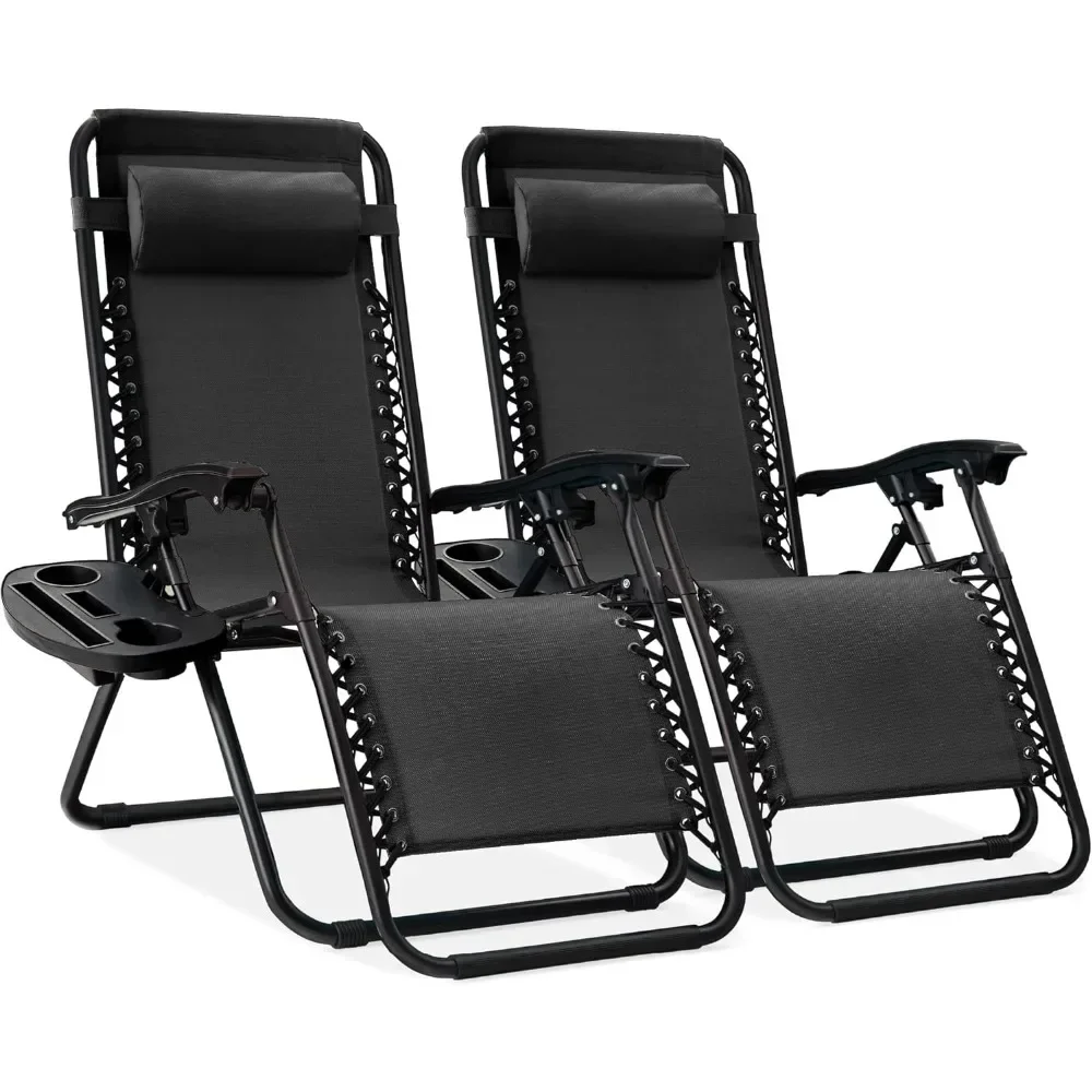 

Set of 2 Adjustable Steel Mesh Zero Gravity Lounge Chair Recliners w/Pillows and Cup Holder Trays