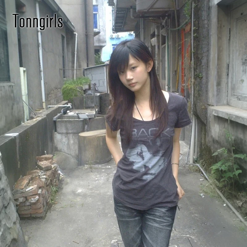 Tonngirls Japanisches Y2k-T-Shirt für Damen, kurzärmelig, bedruckt, Grafik-Tops, elastisch, amerikanischer Retro-Grunge-Tops, ästhetische 2000er-Jahre-T-Shirts