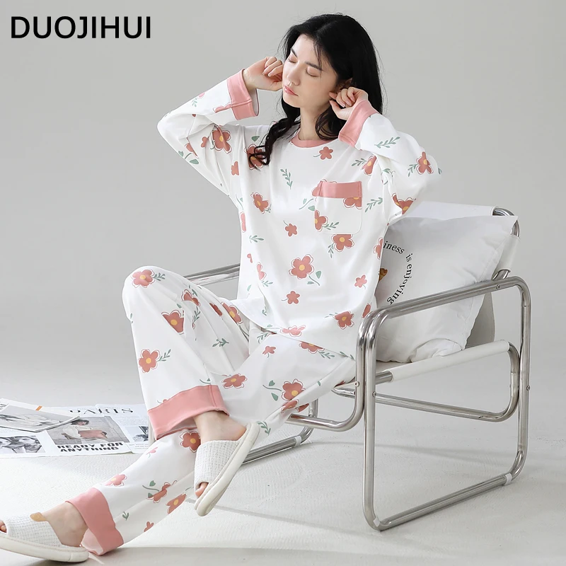 Duojihui Herbst Mode Tasche Pyjama für Frauen klassische O-Ausschnitt Pullover Basic lose Hose einfachen Druck lässig weibliche Pyjamas Set