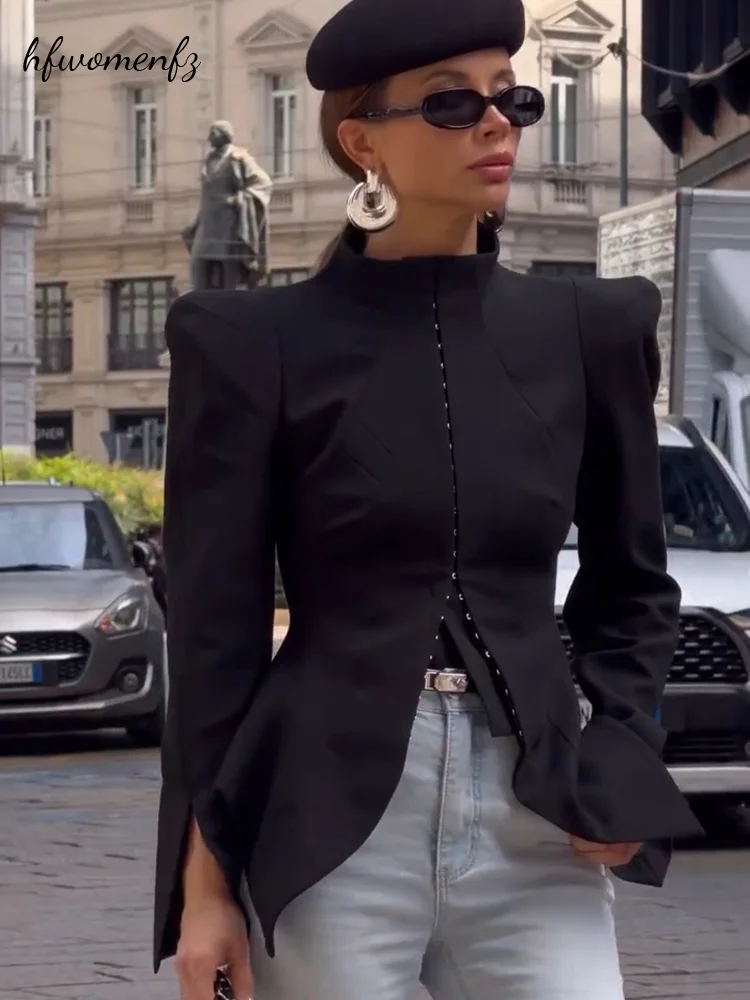 Stand Collar Vintage Women's Blazer Hook Shoulder Pads Long Waist Cinching Puff Sleeve Black Jacket Asymmetric Hem Outwears 2026