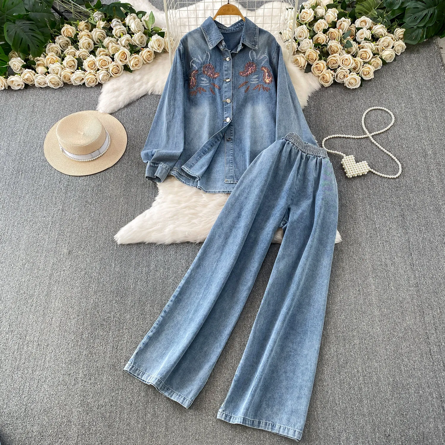 SuperAen Woman 2026 Autumn New High-Waisted Slim Loose-Fitting Wide Leg Pants Elegant Embroidery Fashion Shirts Two-Piece Sets
