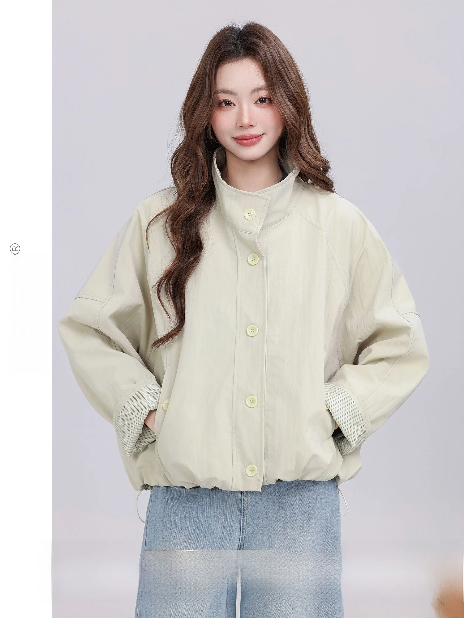 

Ретро-куртка свободного кроя для женщин, весна 2026, новая модель, с воротником-стойкой, удобная, из полиэфирного волокна, на молнии