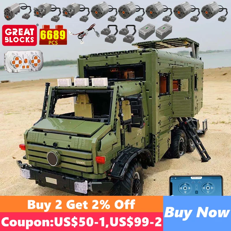 Technical Car Mercedes-Benz Building Blocks Bricks J907 Nomad Rv Motorhome Off-Road Unimog Program Toys For Kids Sets