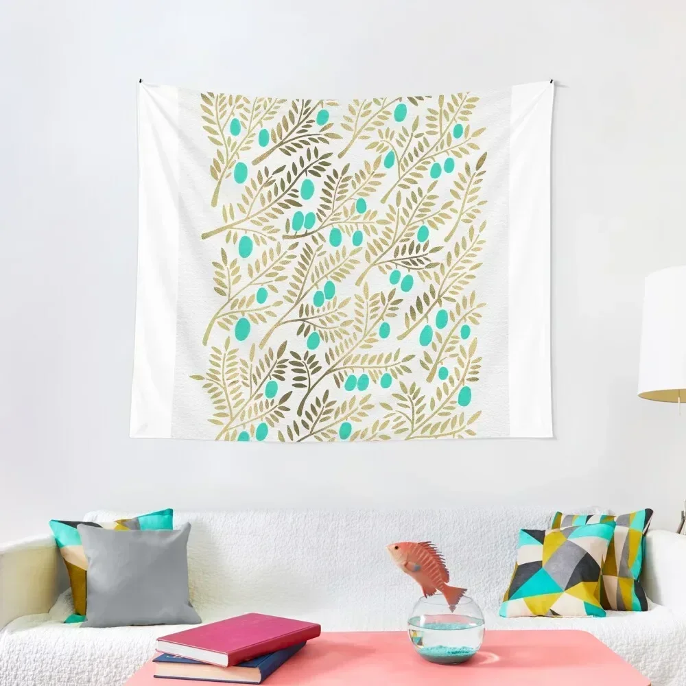 

Gold & Turquoise Olive Branches Tapestry Wall Coverings Home Decor Aesthetic Bedroom Deco Wall Hanging Decor Tapestry