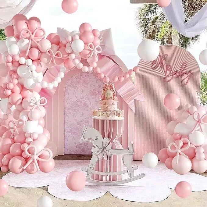 ピンクのリボンと小さな花が描かれたアーチ型の背景カバー、ピンクの伸縮性のあるアーチ型スタンドカバー、コケットガールの誕生日パーティーの装飾に