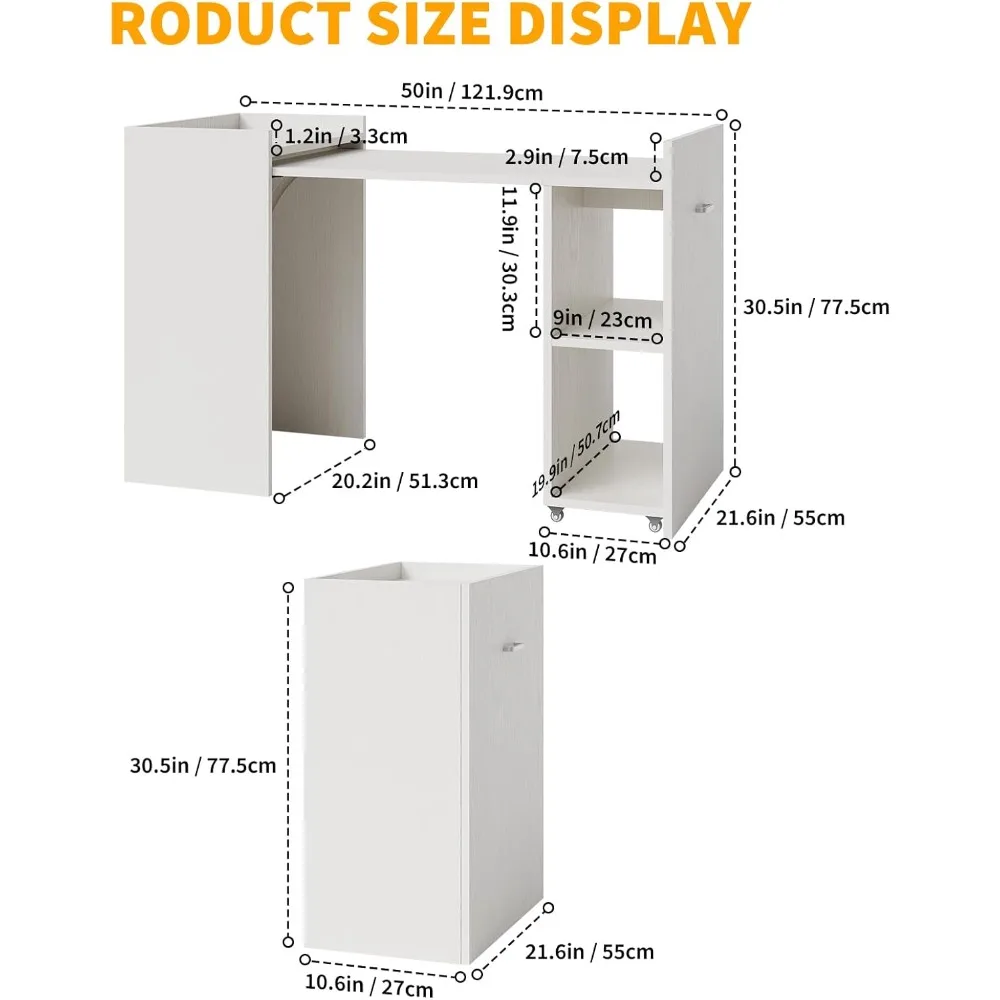 โต๊ะพับสำนักงาน โต๊ะขยายได้ 50 นิ้ว โต๊ะทำงานอเนกประสงค์สำหรับบ้าน ตู้เก็บของ 10 นิ้ว พร้อมชั้นวาง 3 ชั้นและล้อเลื่อน