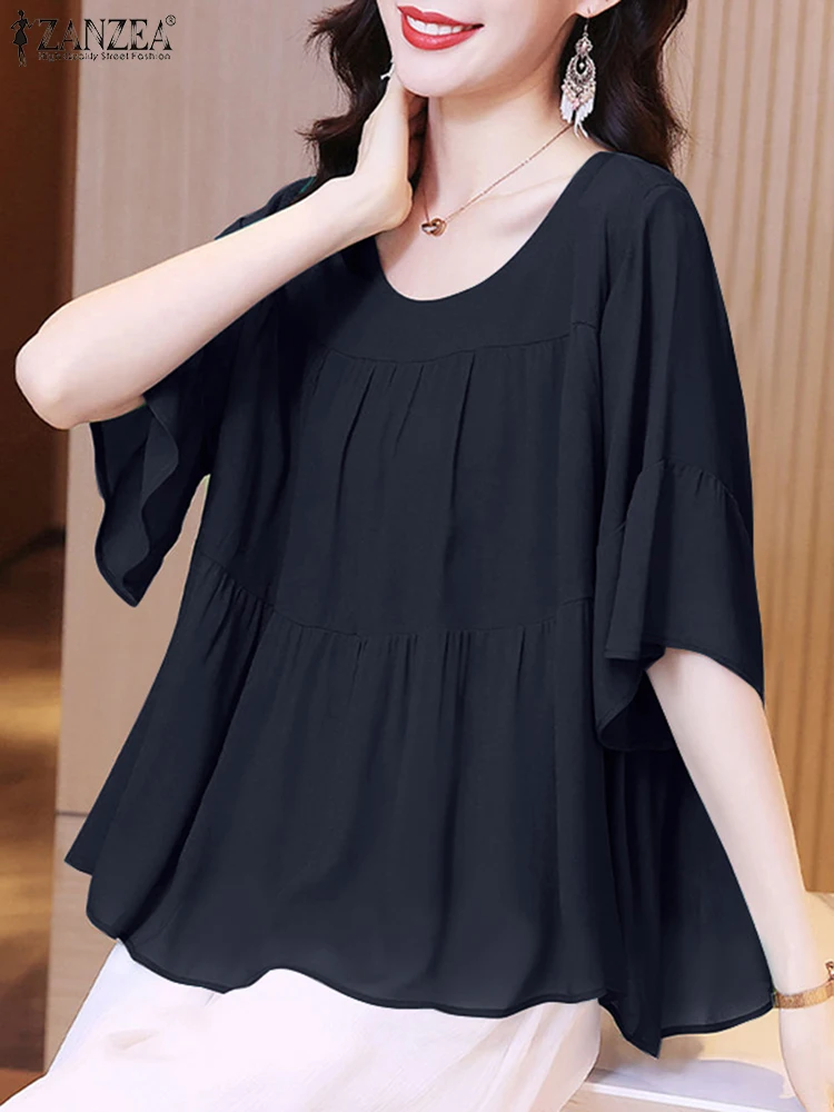 Casual Women Blouses 2025 Summer Fashion Shirt ZANZEA Elegant Short Sleeve Work Blusas Solid Loose Chemise Stylish Holiday Tops