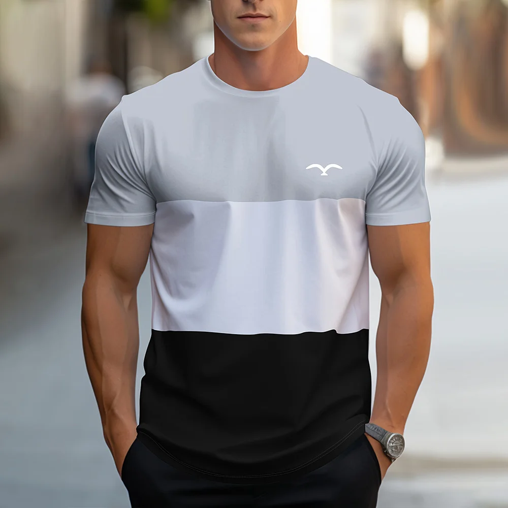 Fashion Splicing Stripes Print T Shirt For Men Casual O-neck Short Sleeve Pullover Summer Breathable Loose Tops Street Trend Tee