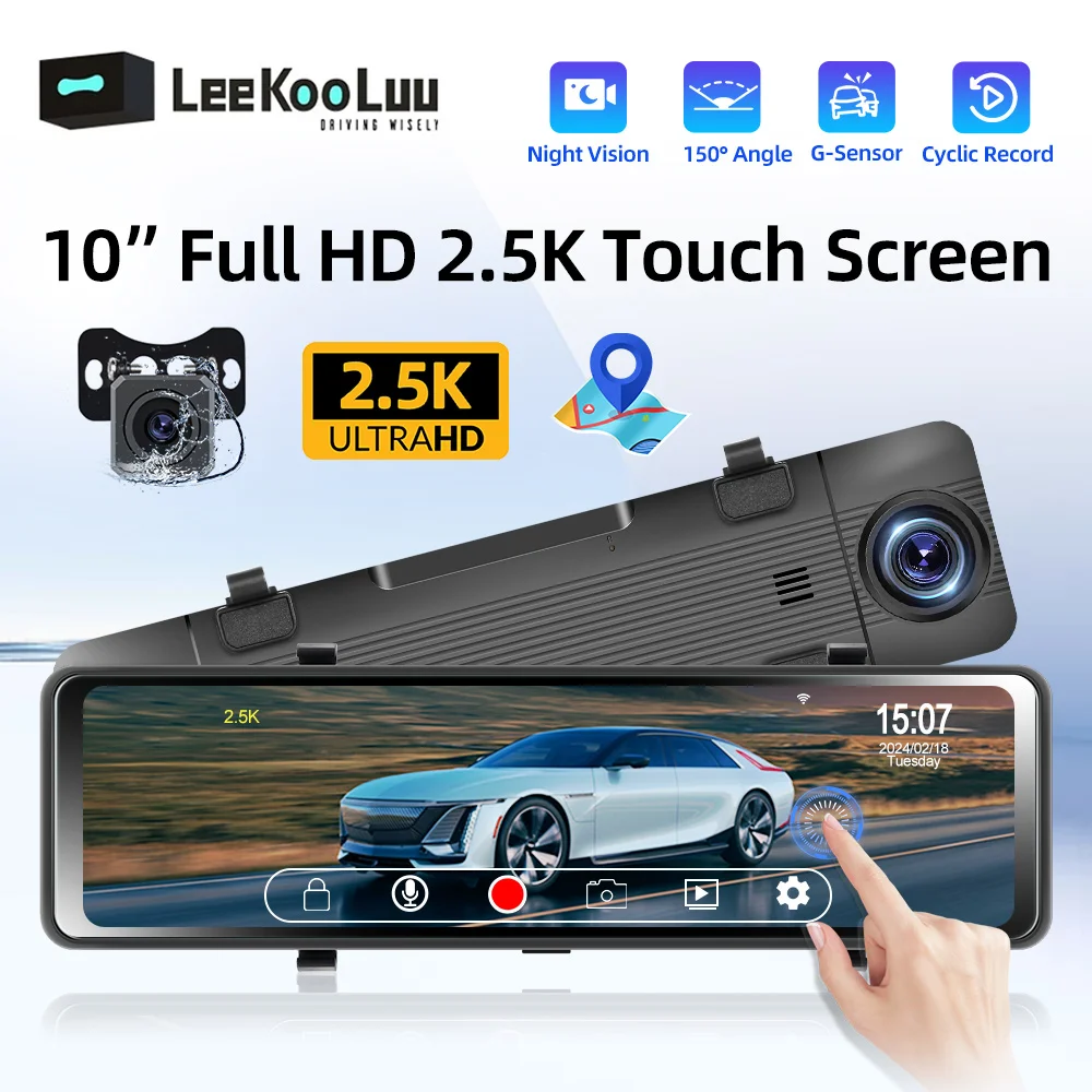 

LeeKooLuu 10" Touch Screen Rear Mirror Car Parking Monitor with 2.5K Loop Recording Dash Cam DVR Backup Camera GPS Navigation