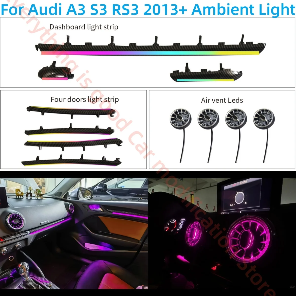 For Audi A3 S3 RS3 2013+ Ambient Light Automotive interior lighting upgrade Car accessories Carbon fiber texture Luminous vent