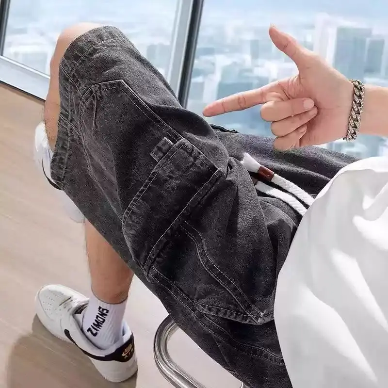 صيف 2025 جيب كبير الدنيم السراويل في سن المراهقة الطلاب العصرية سراويل تقليدية تنوعا مرونة الخصر الرجال شورت جينز السراويل الخارجية #2