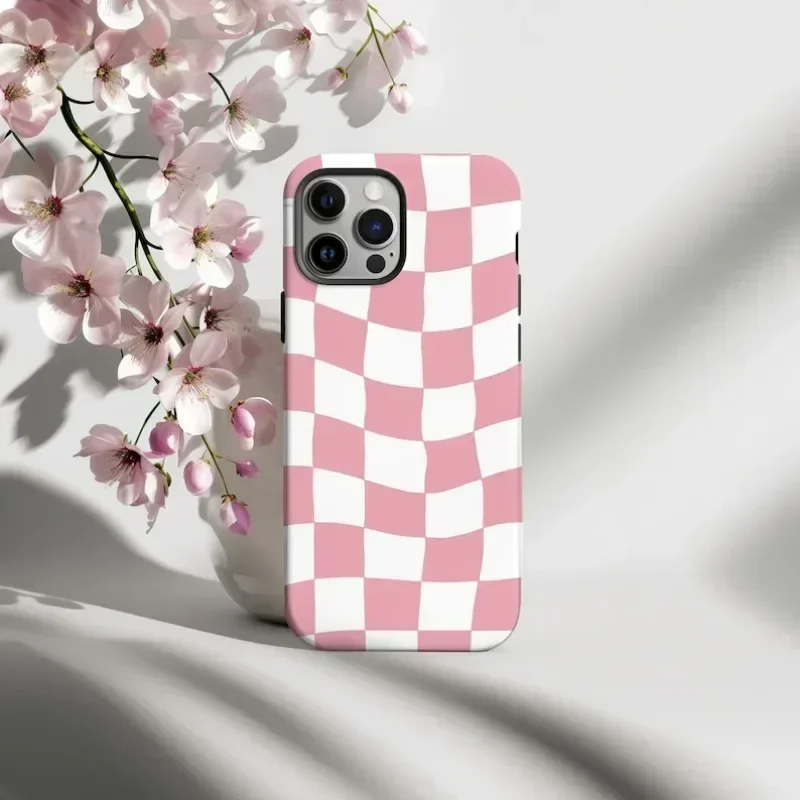 Retro pink Wavy Checkered Phone Case For IPHONE 16ProMax 15 14 13 12 11 PRO Plus Acrylic TPU Two in one Mobile Phone Cases