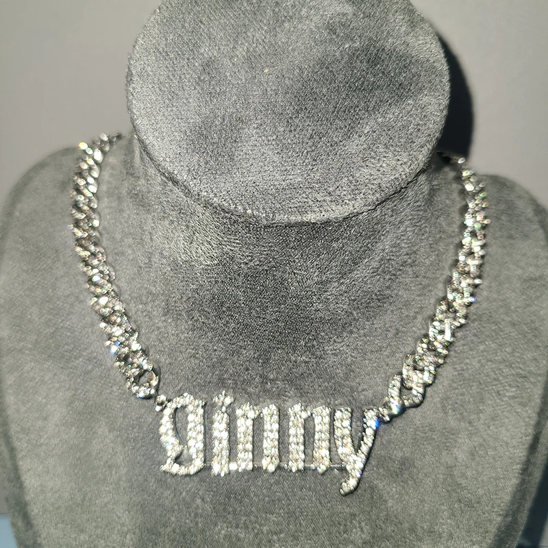 Customized Name necklace Gothic Letters With 9mm Rhinestone Cuban chain Hip Hop Jewelry Birthday Gift Drop Shipping