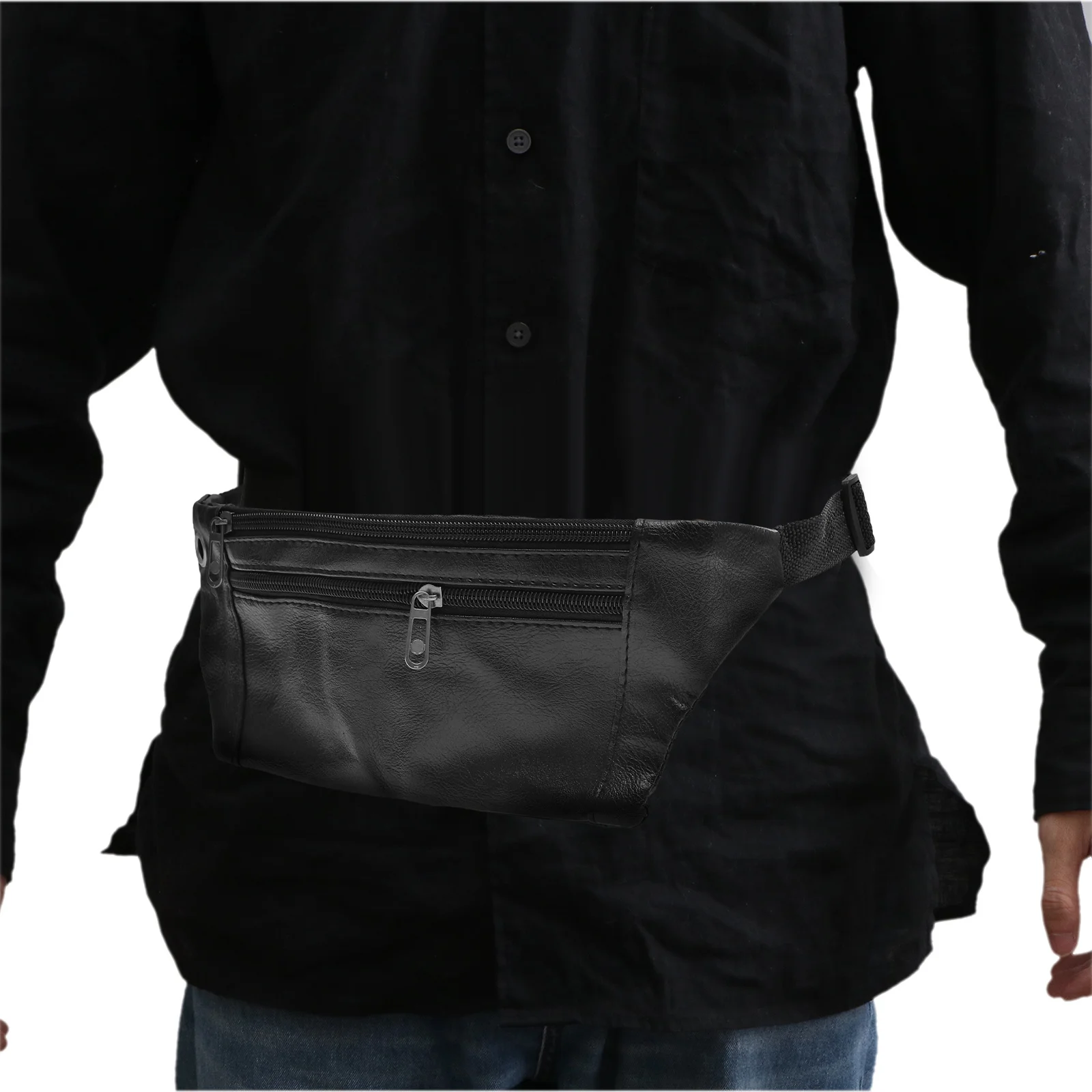 

Men PU Waist Bag Black Durable Waterproof Outdoor Sports Fanny Pack Workout Waist Pouch for Jogging Hiking Camping