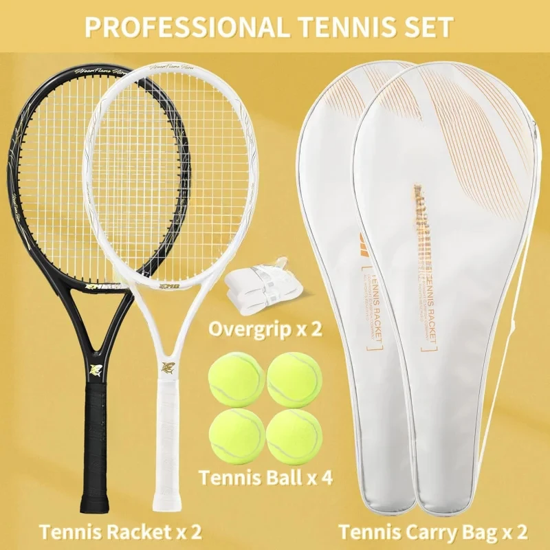 Tenis con mango precordado y cómodo, raqueta de tenis de 27 pulgadas para principiantes, incluye 4 pelotas de tenis, 2 overgrips y 2 bolsas de tenis