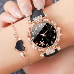 5pcs Quartz Watches For Women Pu Leather Wrist Watch With Black Heart Jewelry Set Great Gift For Her Mom Girlfriend