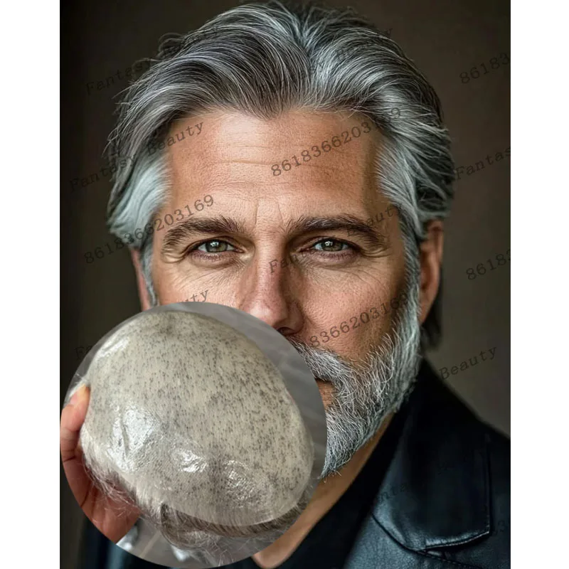 

Super Natural Hairline Grey Man's Human Hair Wigs Old Men 0.06mm Skin Base Toupee Durable 1B65 565 Brown Hairpieces Hair System