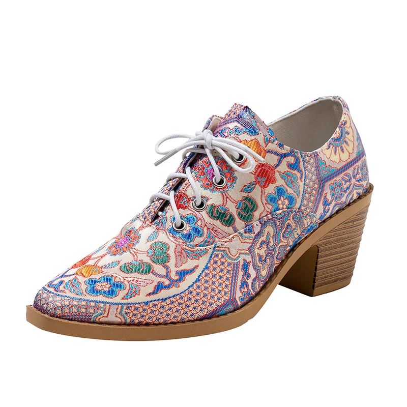 

Women's Single Shoes Ethnic Colorful Printed Flowers Heels Lady Elegant Pointed Toe Block Heel Lace-up Women Shoes Spring Autumn