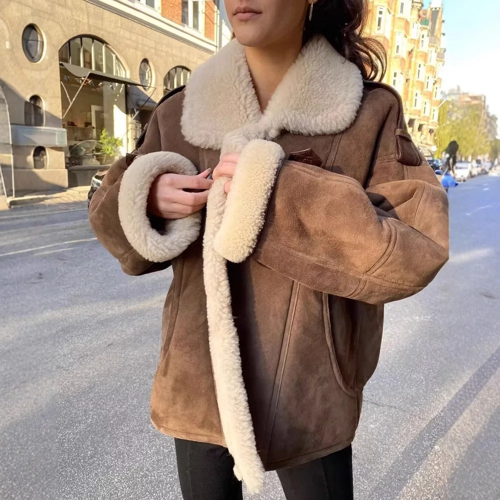 Women's Fur One-piece Comfortable Casual Shoulder Buckle Motorcycle Style Jacket