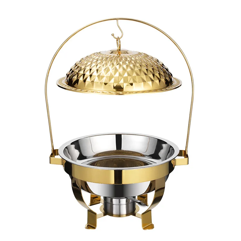 

Luxury Stainless Steel Diamond Pattern Hanging Lid Heated Buffet Stove Thermal Alcohol Hotel Supplies