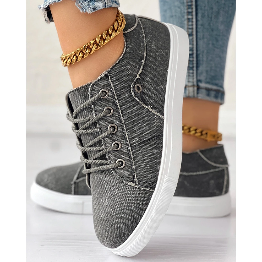 Fashion Women Lace-up Sneakers Autumn Daily Casual Raw Hem Round Toe Sports Shoes 2024 Korean Style Spring Going Out Flats