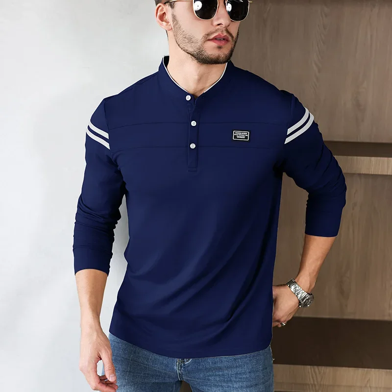 2025 New Men's Casual Fashion Solid Color Long Sleeved Polo Shirt Stand Up Collar Versatile Comfortable Top