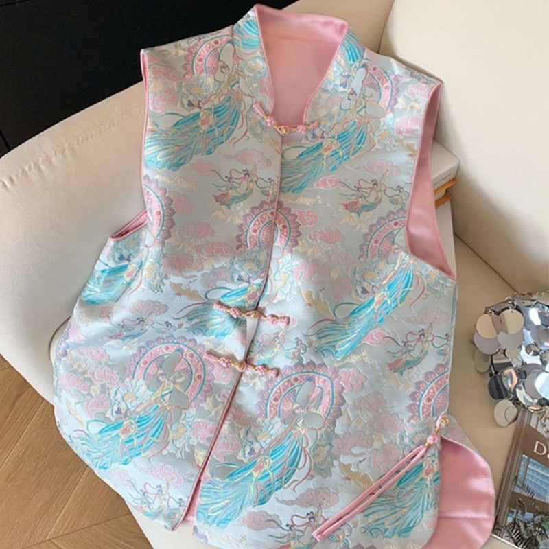 Elegant Women Coat Jacquard Sleeveless Clothes Embroidery Vintage Button Chinese Style Blouse Mandarin Collar Vest Carnival Top